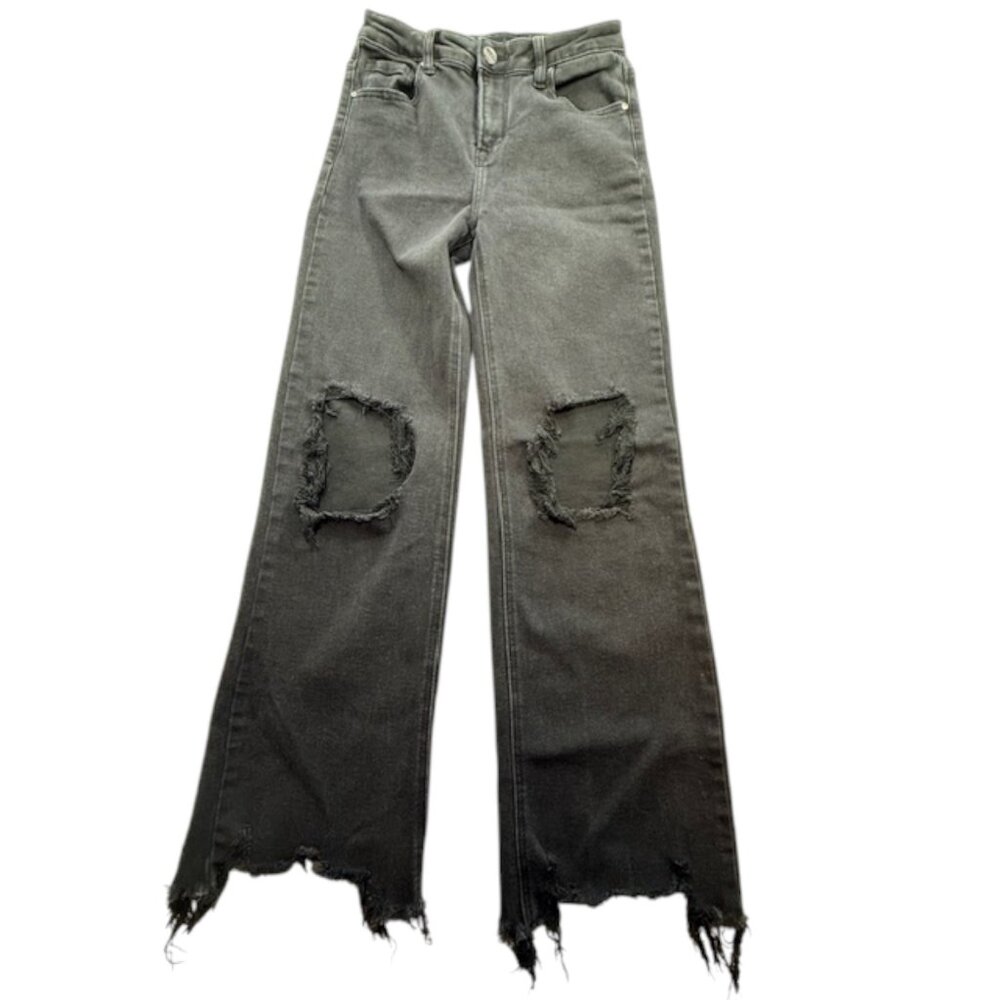 Risen Black Distressed Wide Leg Jeans with Front Thigh Holes- Size 3/26